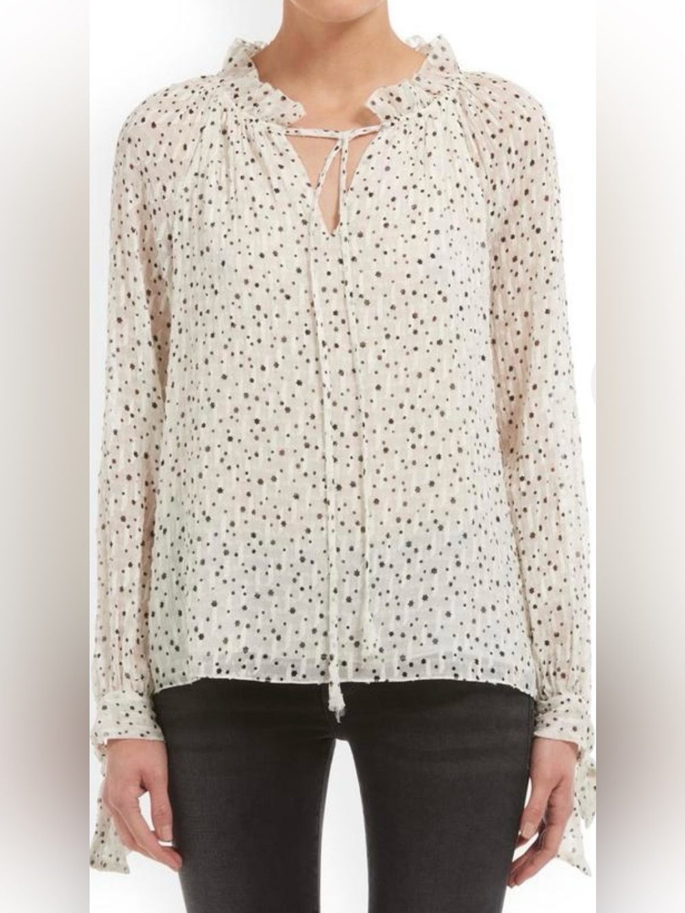 Rebecca Taylor Cream Blouse with Black Polka Dots and Ruffle Neck